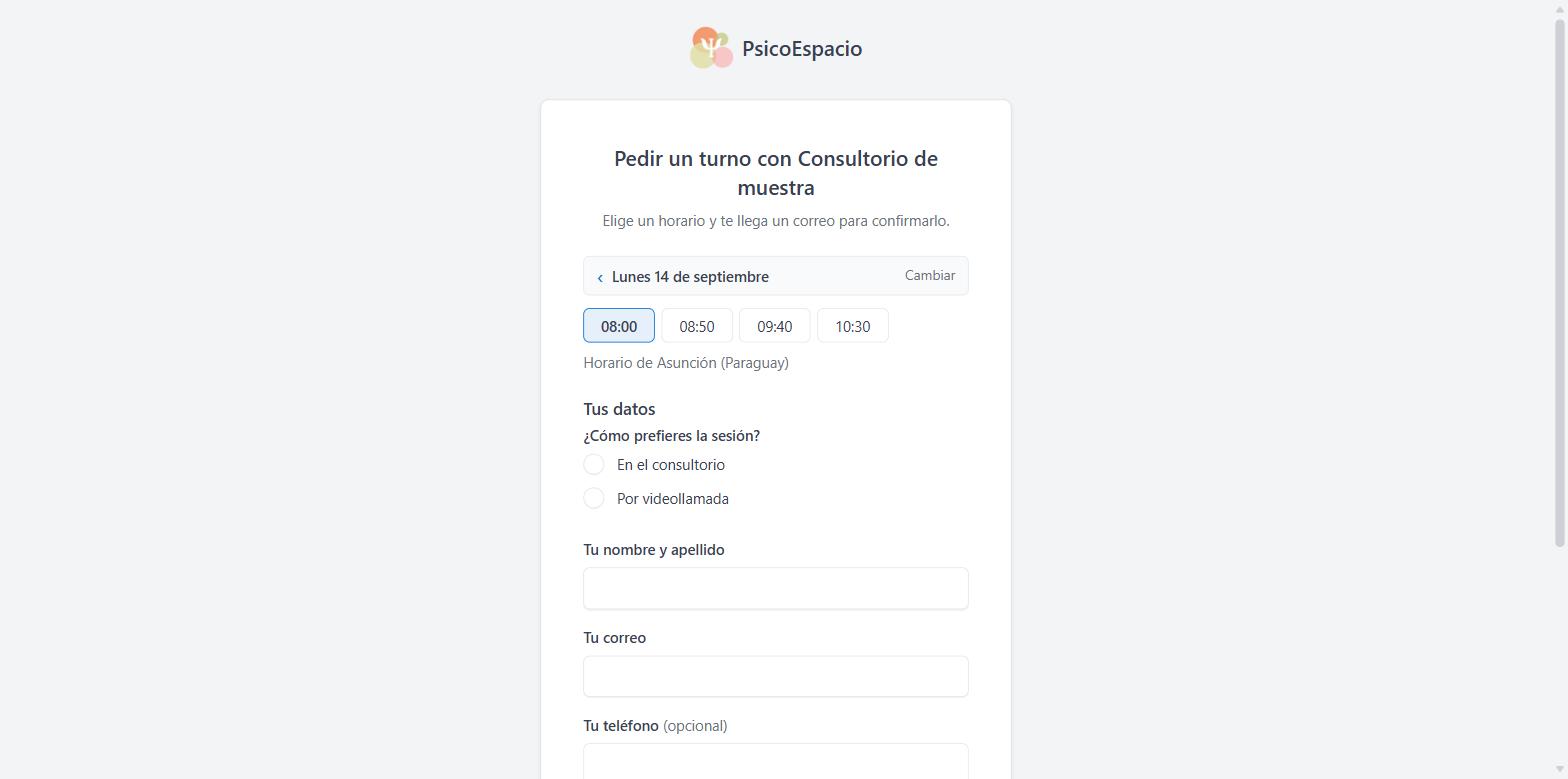 Página pública para pedir turno: un día elegido con cuatro horarios y el formulario de datos