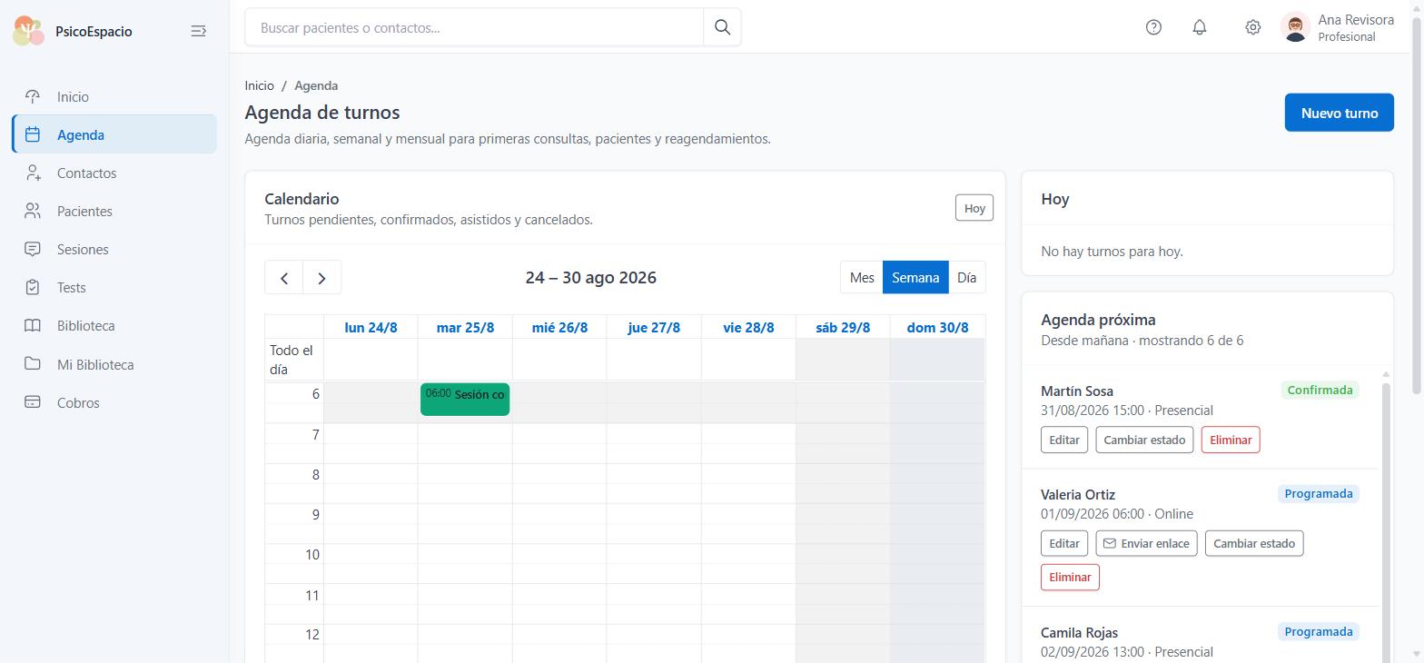Agenda semanal de PsicoEspacio con turnos y la lista de próximos turnos