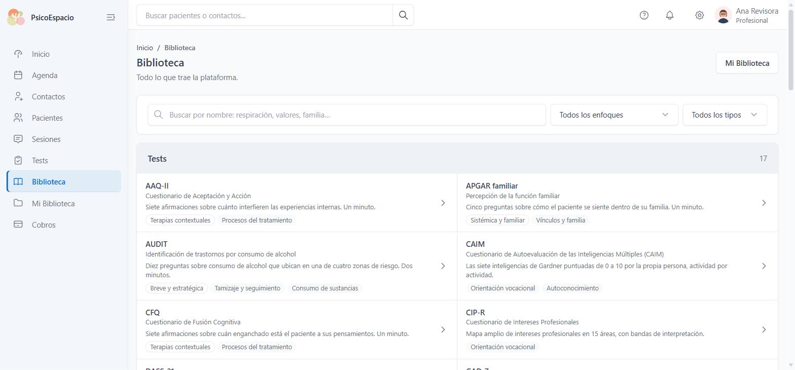 Biblioteca de PsicoEspacio con los recursos agrupados por tipo