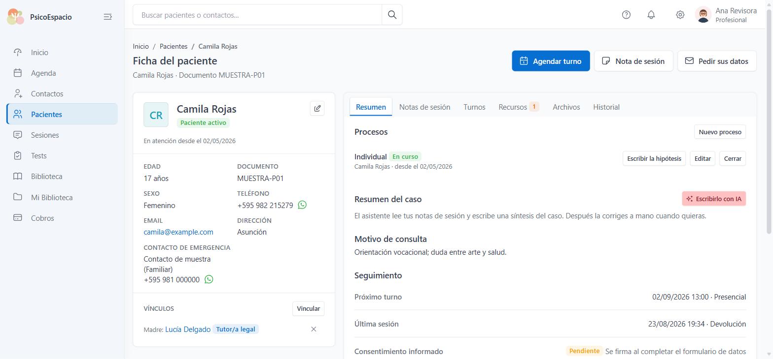 Ficha clínica de un paciente en PsicoEspacio