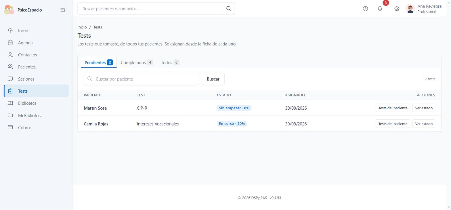 Listado de tests asignados en PsicoEspacio, con su estado de avance